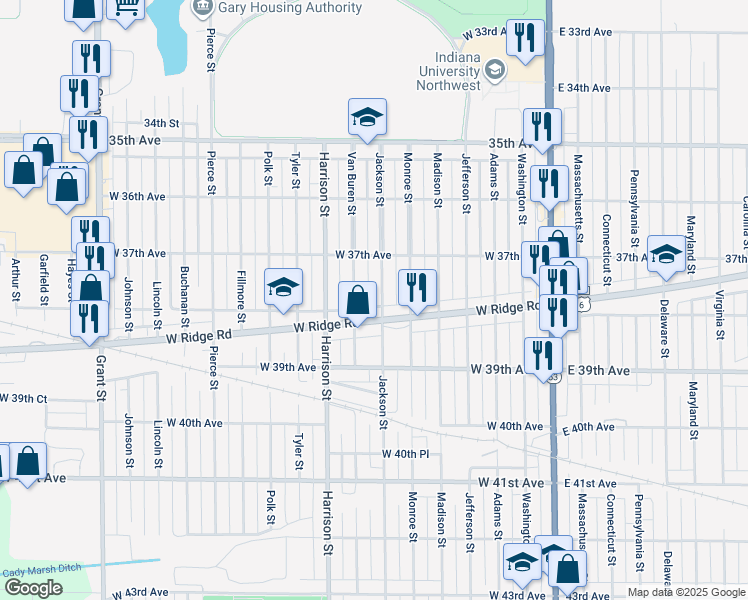 map of restaurants, bars, coffee shops, grocery stores, and more near 3771 Jackson Street in Gary