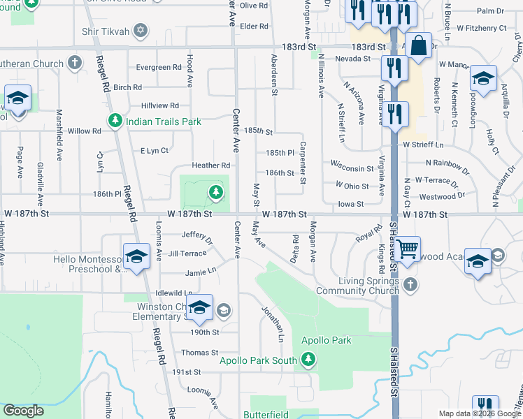 map of restaurants, bars, coffee shops, grocery stores, and more near 1104 West 187th Street in Homewood