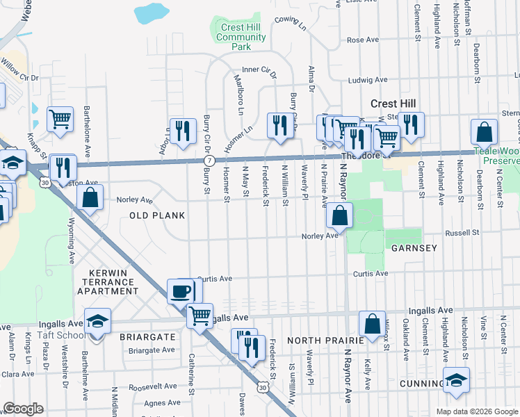 map of restaurants, bars, coffee shops, grocery stores, and more near 1423 Frederick Street in Joliet
