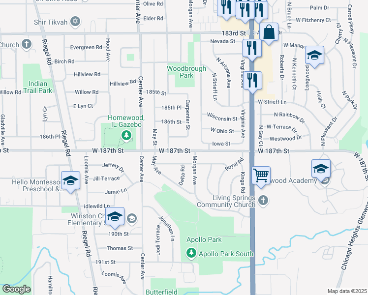 map of restaurants, bars, coffee shops, grocery stores, and more near 1030 West 187th Street in Homewood