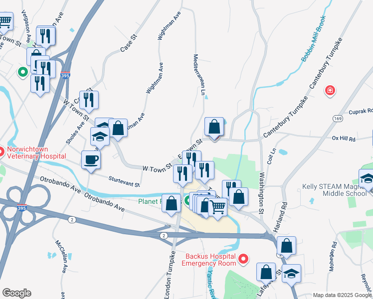 map of restaurants, bars, coffee shops, grocery stores, and more near 71 East Town Street in Norwich