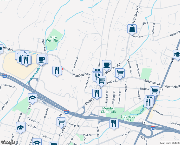 map of restaurants, bars, coffee shops, grocery stores, and more near 55 Kensington Avenue in Meriden