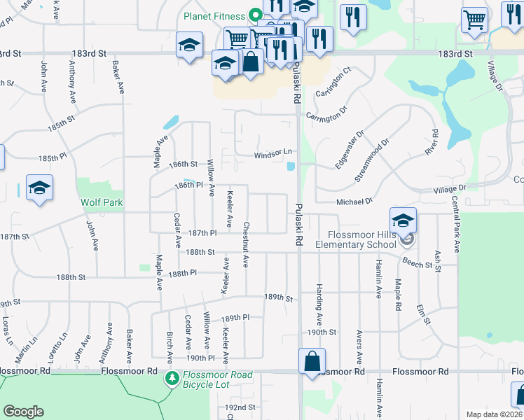 map of restaurants, bars, coffee shops, grocery stores, and more near 18654 Cypress Avenue in Country Club Hills