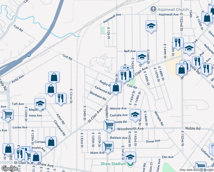 map of restaurants, bars, coffee shops, grocery stores, and more near 13814 Rugby Road in Cleveland