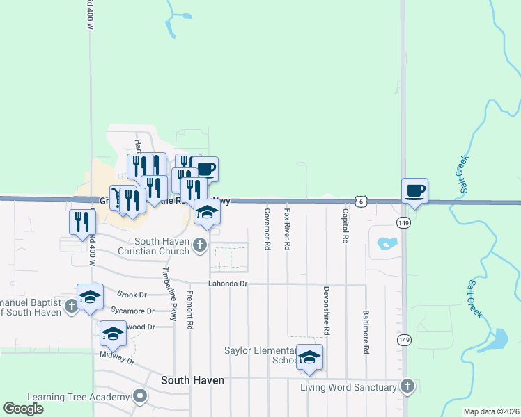 map of restaurants, bars, coffee shops, grocery stores, and more near 346-352 Grand Army of the Republic Hwy in Valparaiso