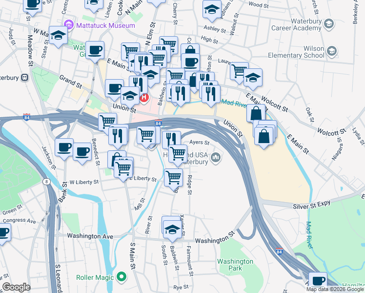 map of restaurants, bars, coffee shops, grocery stores, and more near 54 Pemberton Street in Waterbury