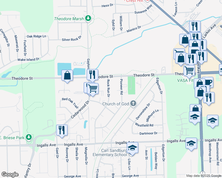 map of restaurants, bars, coffee shops, grocery stores, and more near 1510 Rock Run Drive in Crest Hill