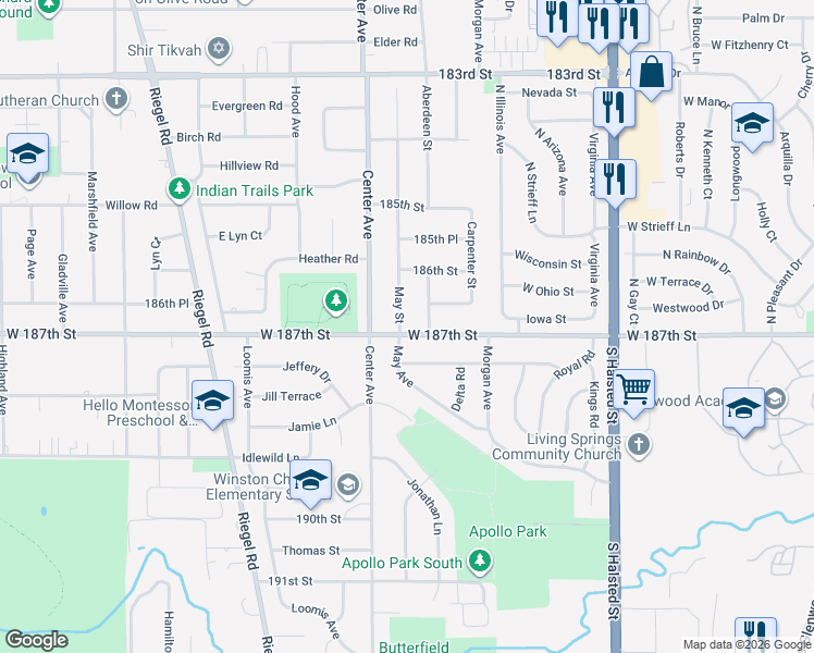 map of restaurants, bars, coffee shops, grocery stores, and more near 1104 West 187th Street in Homewood