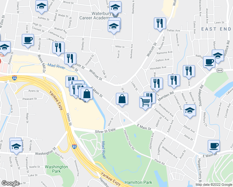 map of restaurants, bars, coffee shops, grocery stores, and more near 43 Orchard Street in Waterbury