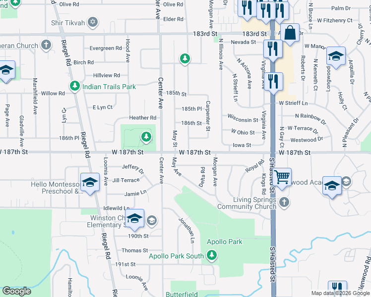 map of restaurants, bars, coffee shops, grocery stores, and more near 1104 West 187th Street in Homewood