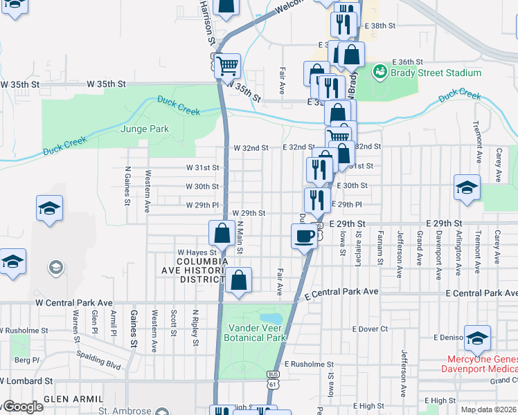 map of restaurants, bars, coffee shops, grocery stores, and more near 2902 Sheridan Street in Davenport