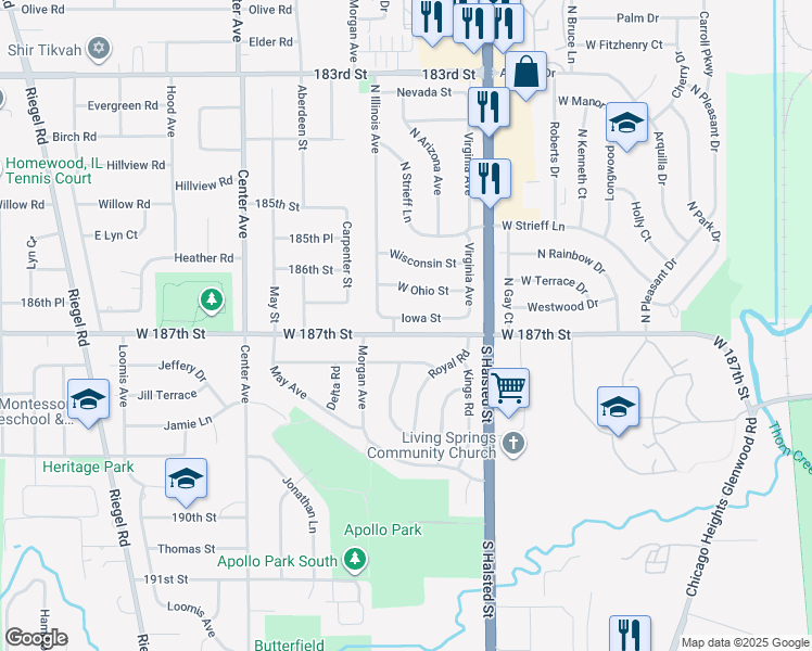 map of restaurants, bars, coffee shops, grocery stores, and more near 1116 Iowa Street in Glenwood