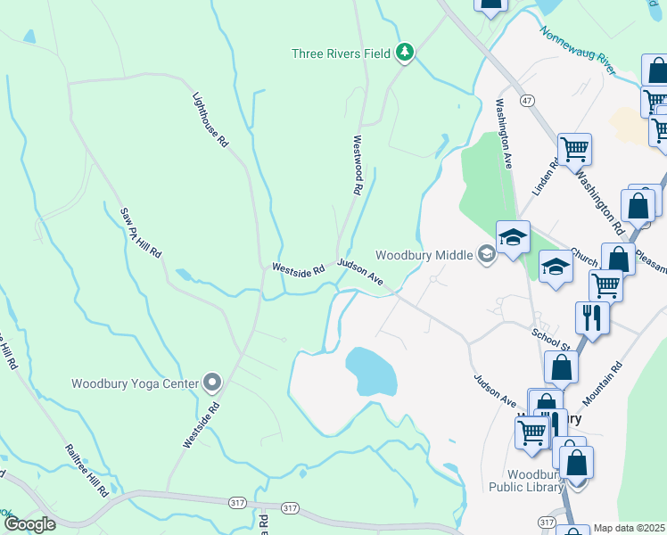 map of restaurants, bars, coffee shops, grocery stores, and more near 7 Westside Road in Woodbury