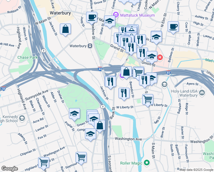 map of restaurants, bars, coffee shops, grocery stores, and more near 153 Meadow Street in Waterbury