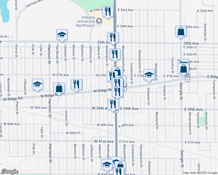 map of restaurants, bars, coffee shops, grocery stores, and more near 28 West Ridge Road in Gary
