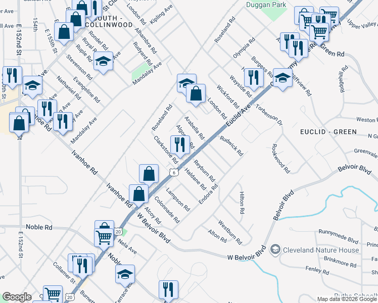 map of restaurants, bars, coffee shops, grocery stores, and more near 17121 Euclid Avenue in Cleveland