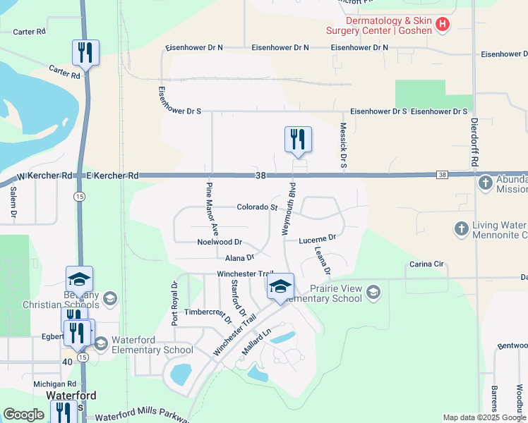 map of restaurants, bars, coffee shops, grocery stores, and more near 802 Colorado Street in Goshen