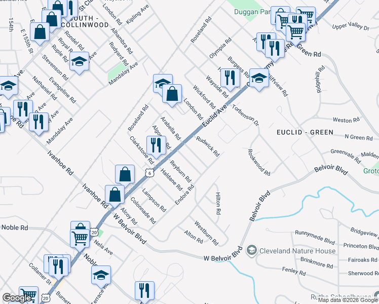 map of restaurants, bars, coffee shops, grocery stores, and more near 1832 Willowhurst Road in Cleveland