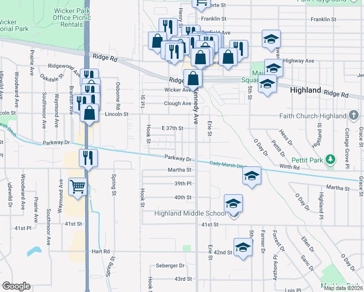 map of restaurants, bars, coffee shops, grocery stores, and more near 2708 38th Street in Highland