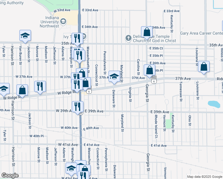 map of restaurants, bars, coffee shops, grocery stores, and more near 331 East Ridge Road in Gary