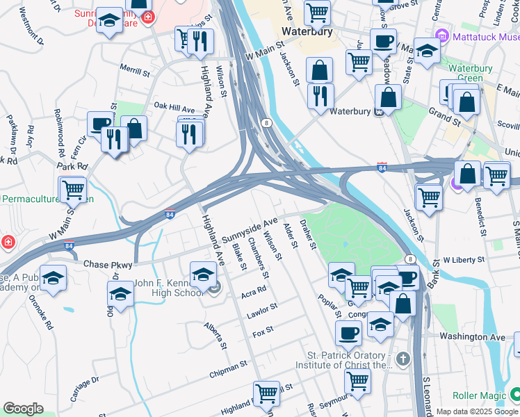 map of restaurants, bars, coffee shops, grocery stores, and more near 259 Palmer Avenue in Waterbury