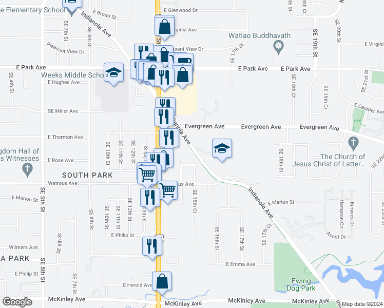 map of restaurants, bars, coffee shops, grocery stores, and more near 3730 Indianola Avenue in Des Moines