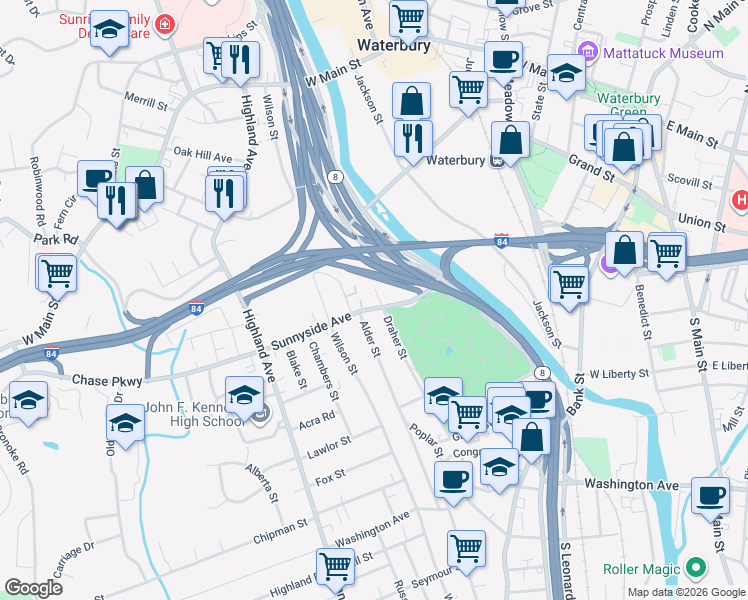 map of restaurants, bars, coffee shops, grocery stores, and more near 70 Sunnyside Avenue in Waterbury