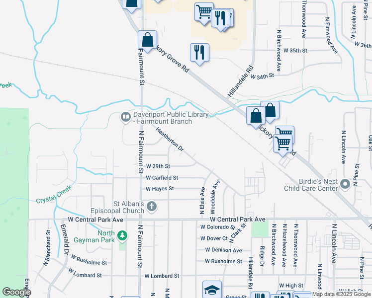 map of restaurants, bars, coffee shops, grocery stores, and more near 3424 Heatherton Drive in Davenport