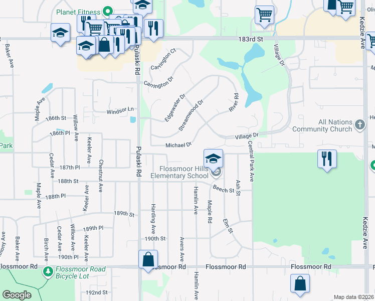 map of restaurants, bars, coffee shops, grocery stores, and more near 3803 River Road in Hazel Crest