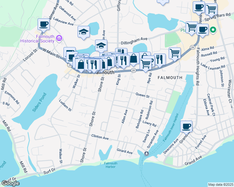 map of restaurants, bars, coffee shops, grocery stores, and more near 82 King Street in Falmouth