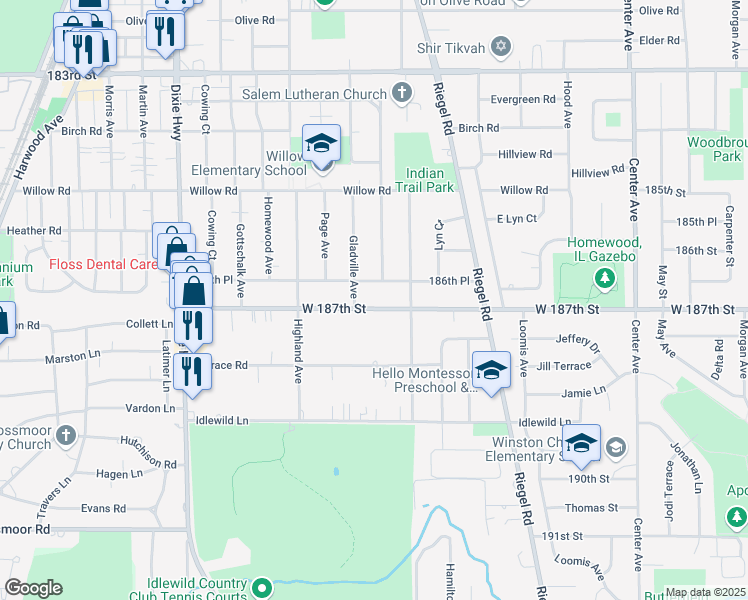 map of restaurants, bars, coffee shops, grocery stores, and more near 1650 West 187th Street in Homewood