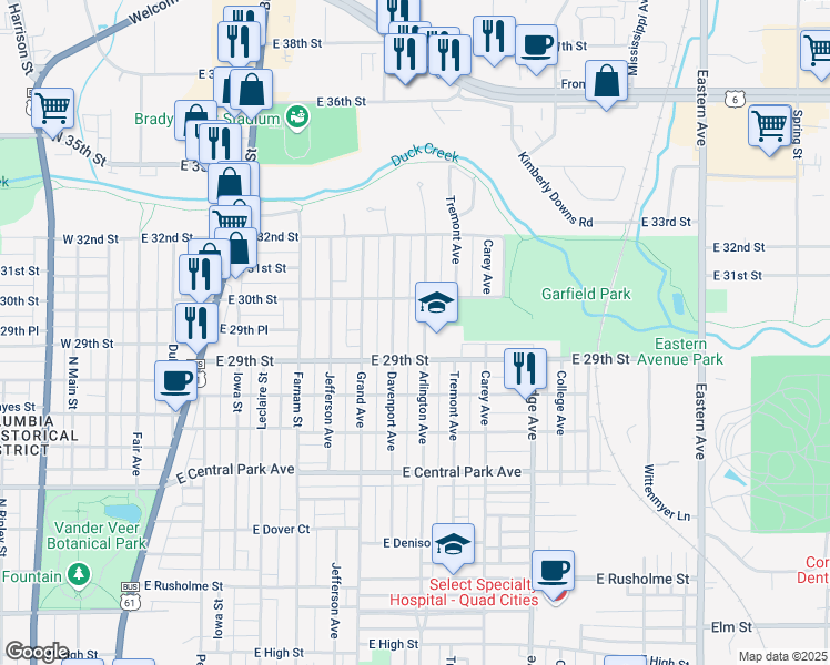 map of restaurants, bars, coffee shops, grocery stores, and more near 2926 Arlington Ave in Davenport
