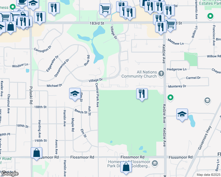 map of restaurants, bars, coffee shops, grocery stores, and more near 3469 Golfview Drive in Hazel Crest