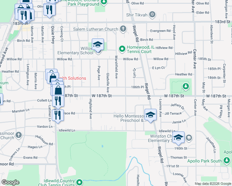 map of restaurants, bars, coffee shops, grocery stores, and more near 1650 West 187th Street in Homewood