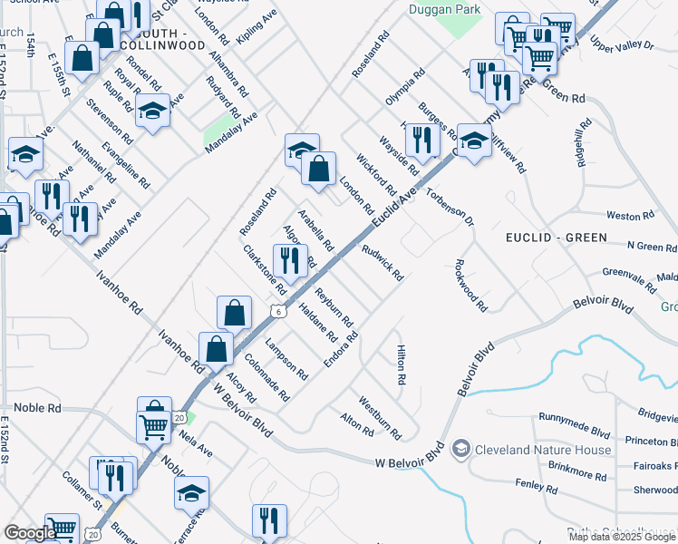 map of restaurants, bars, coffee shops, grocery stores, and more near 1819 Grantham Road in Cleveland