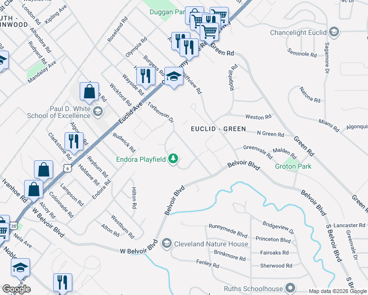 map of restaurants, bars, coffee shops, grocery stores, and more near 1950 Torbenson Dr in Cleveland