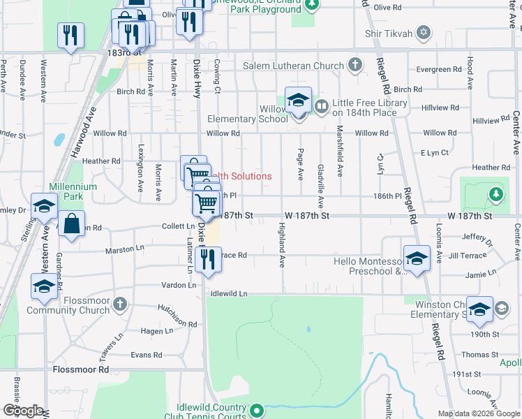 map of restaurants, bars, coffee shops, grocery stores, and more near 1832 West 187th Street in Homewood