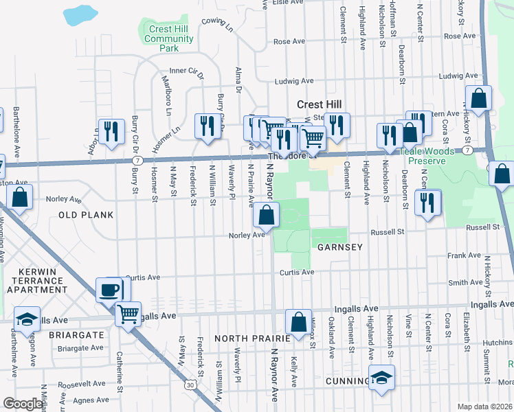 map of restaurants, bars, coffee shops, grocery stores, and more near 1422 North Prairie Avenue in Joliet