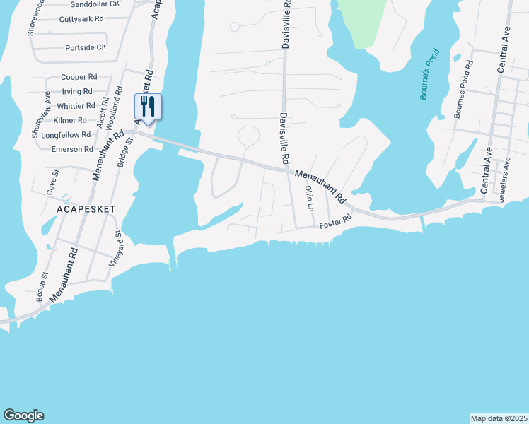 map of restaurants, bars, coffee shops, grocery stores, and more near 36 Davis Neck Road in Falmouth