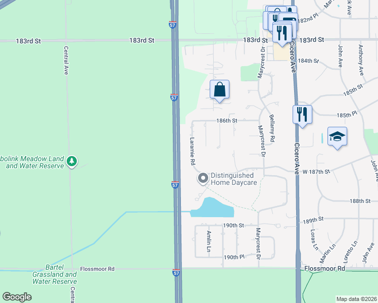 map of restaurants, bars, coffee shops, grocery stores, and more near 18640 Laramie Road in Country Club Hills
