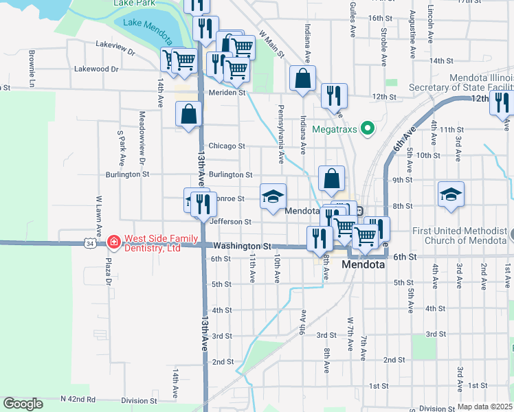 map of restaurants, bars, coffee shops, grocery stores, and more near 808 Michigan Avenue in Mendota