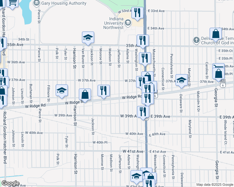 map of restaurants, bars, coffee shops, grocery stores, and more near 3768 Jefferson Street in Gary