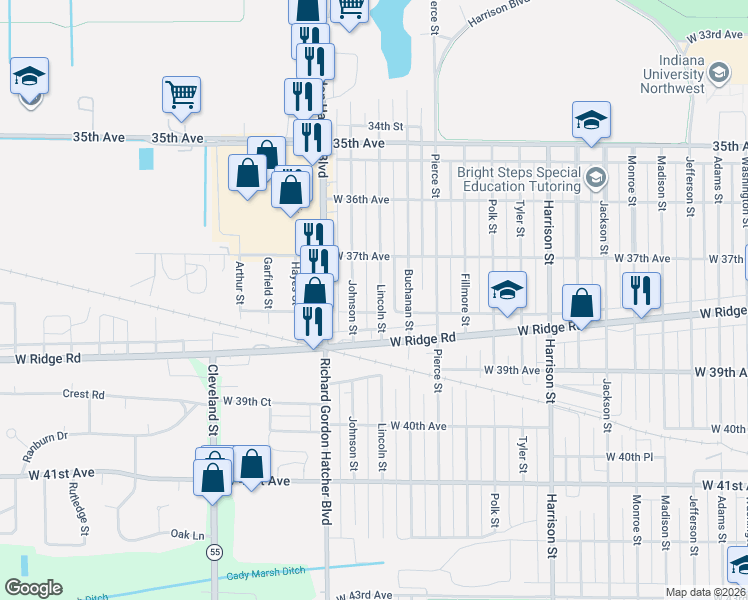 map of restaurants, bars, coffee shops, grocery stores, and more near 3774 Lincoln Street in Gary