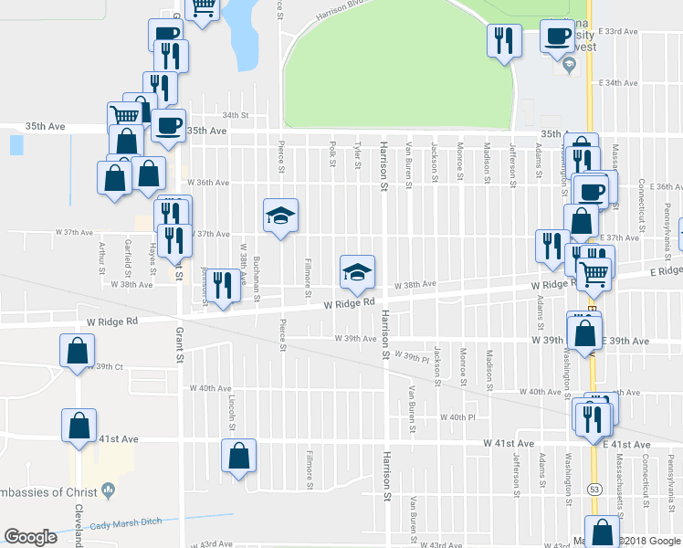 map of restaurants, bars, coffee shops, grocery stores, and more near 3773 Polk Street in Gary