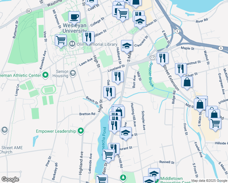 map of restaurants, bars, coffee shops, grocery stores, and more near 18 Warwick Street in Middletown