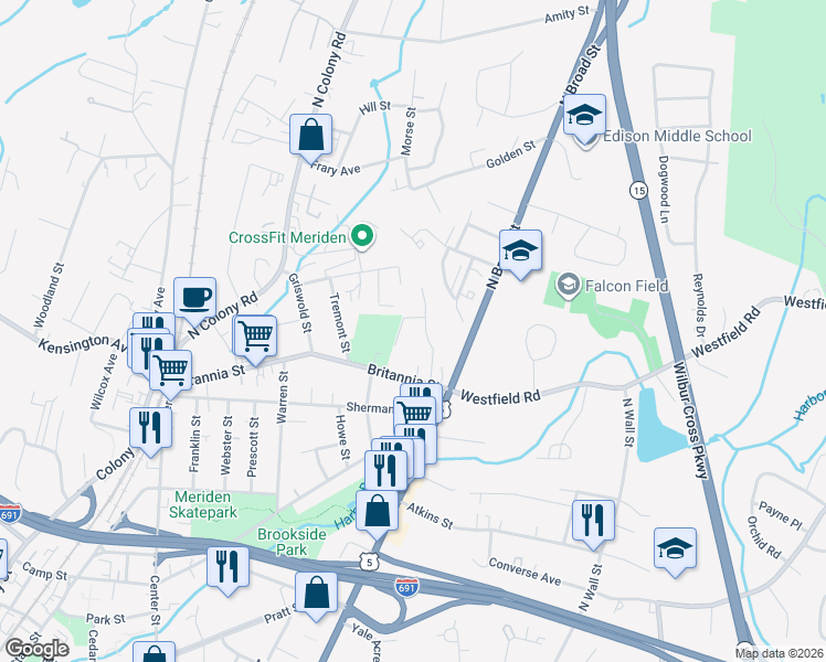 map of restaurants, bars, coffee shops, grocery stores, and more near 300 Britannia Street in Meriden