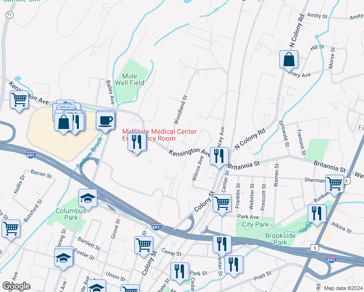 map of restaurants, bars, coffee shops, grocery stores, and more near 85 Kensington Avenue in Meriden