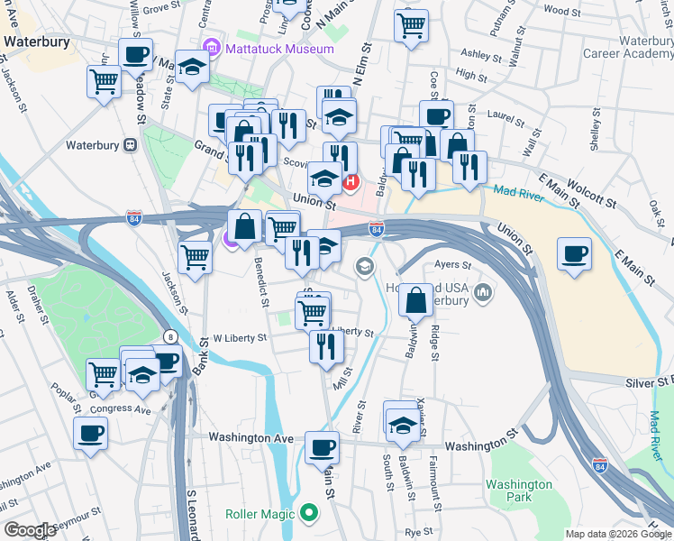 map of restaurants, bars, coffee shops, grocery stores, and more near 250 Mill Street in Waterbury