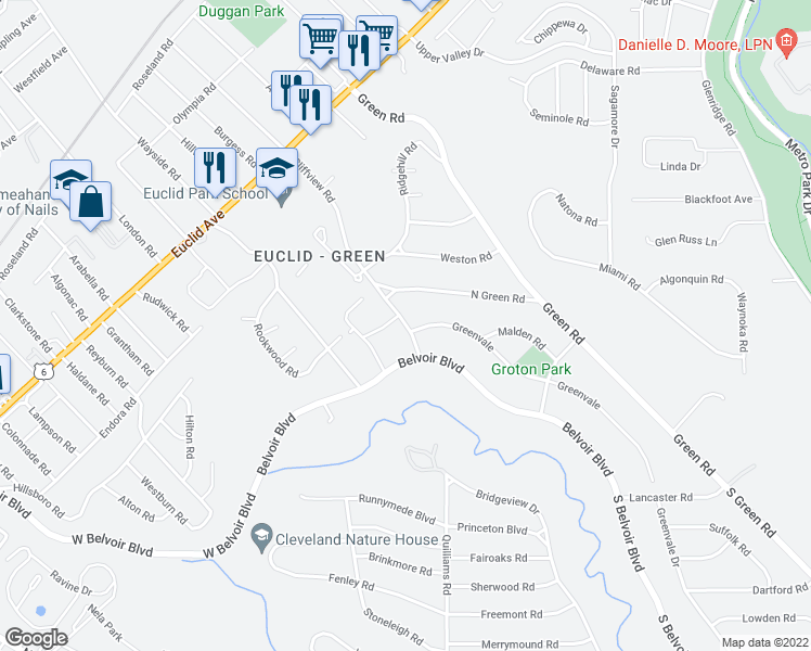 map of restaurants, bars, coffee shops, grocery stores, and more near 2311 Greenvale Road in Cleveland