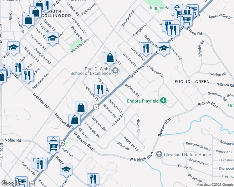 map of restaurants, bars, coffee shops, grocery stores, and more near 1815 Grantham Road in Cleveland